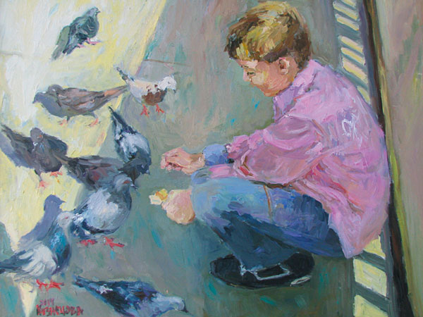 Мальчик, кормящий голубей